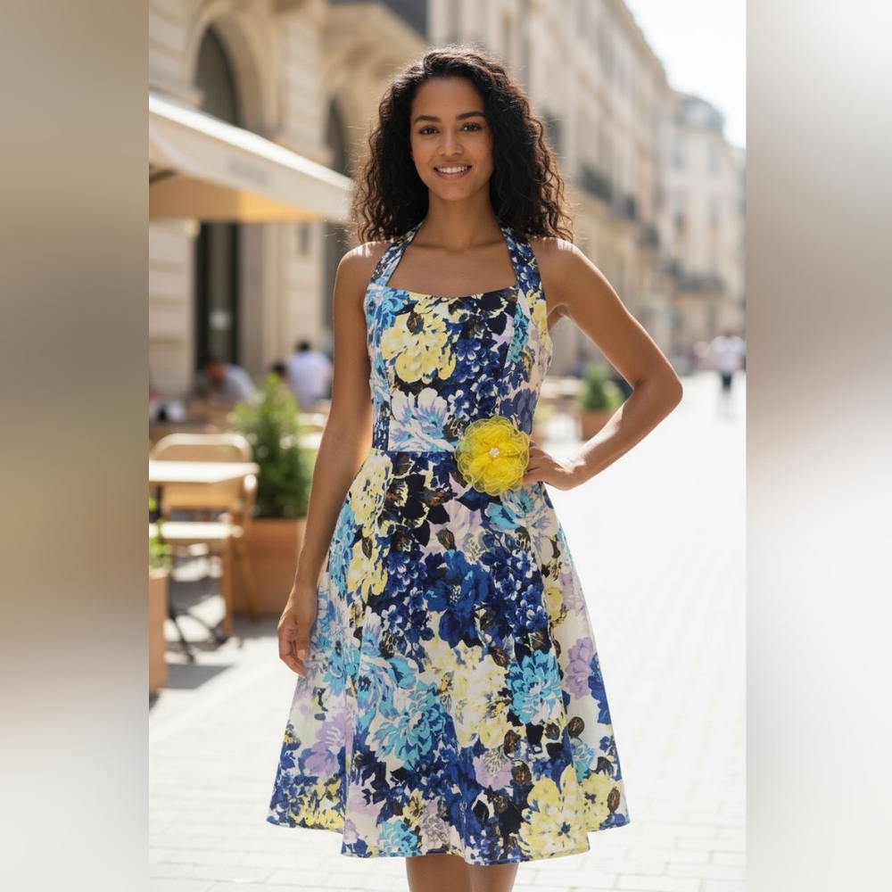 Floral Dress with Yellow Flower Accent, Size 10. Open BACK, N.Y. '& COMPANY